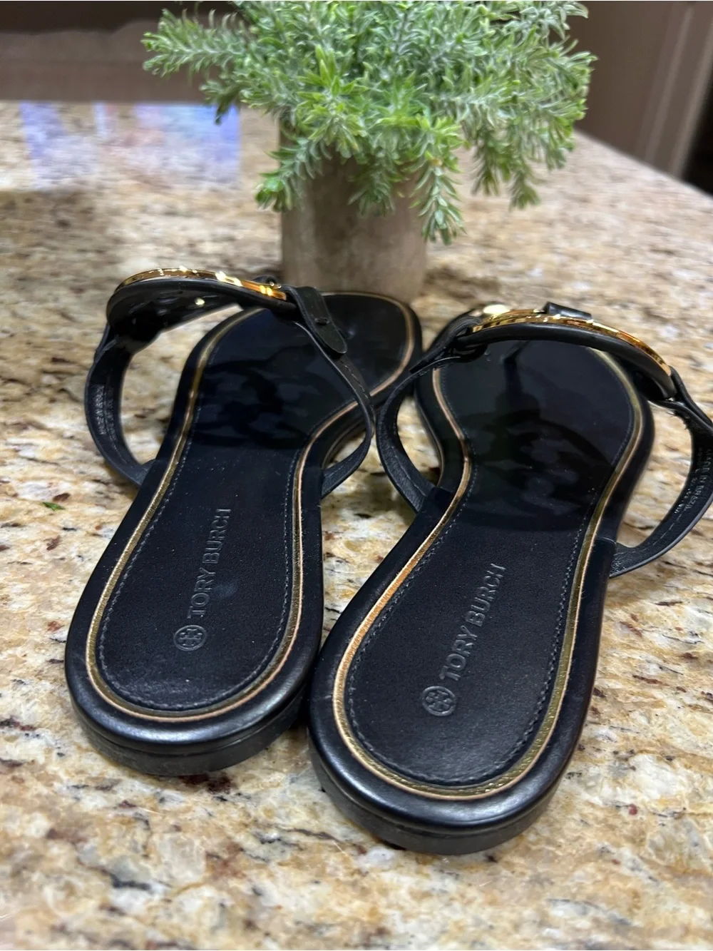 Tory Burch Miller Metal Black Leather Sandals with Gold Logo 9M